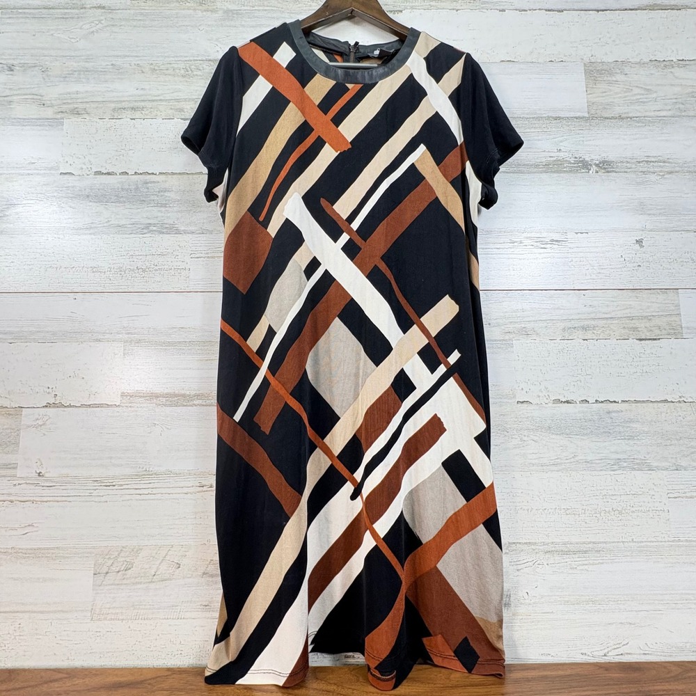Chicos Travelers Abstract Geo Shift Dress Faux‎ Leather Trim Black Rust Sz 3 16